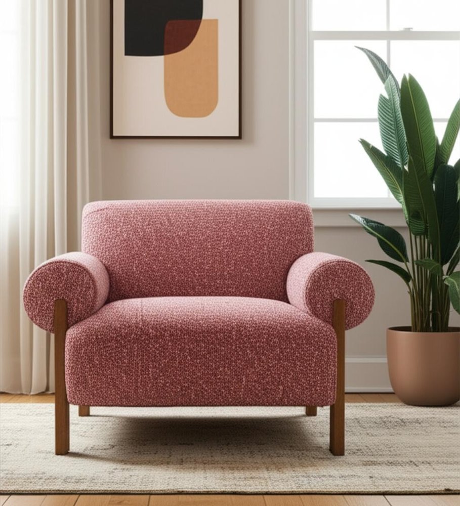 39" Copper And Brown Woven Upholstery And Solid Wood Arm Chair