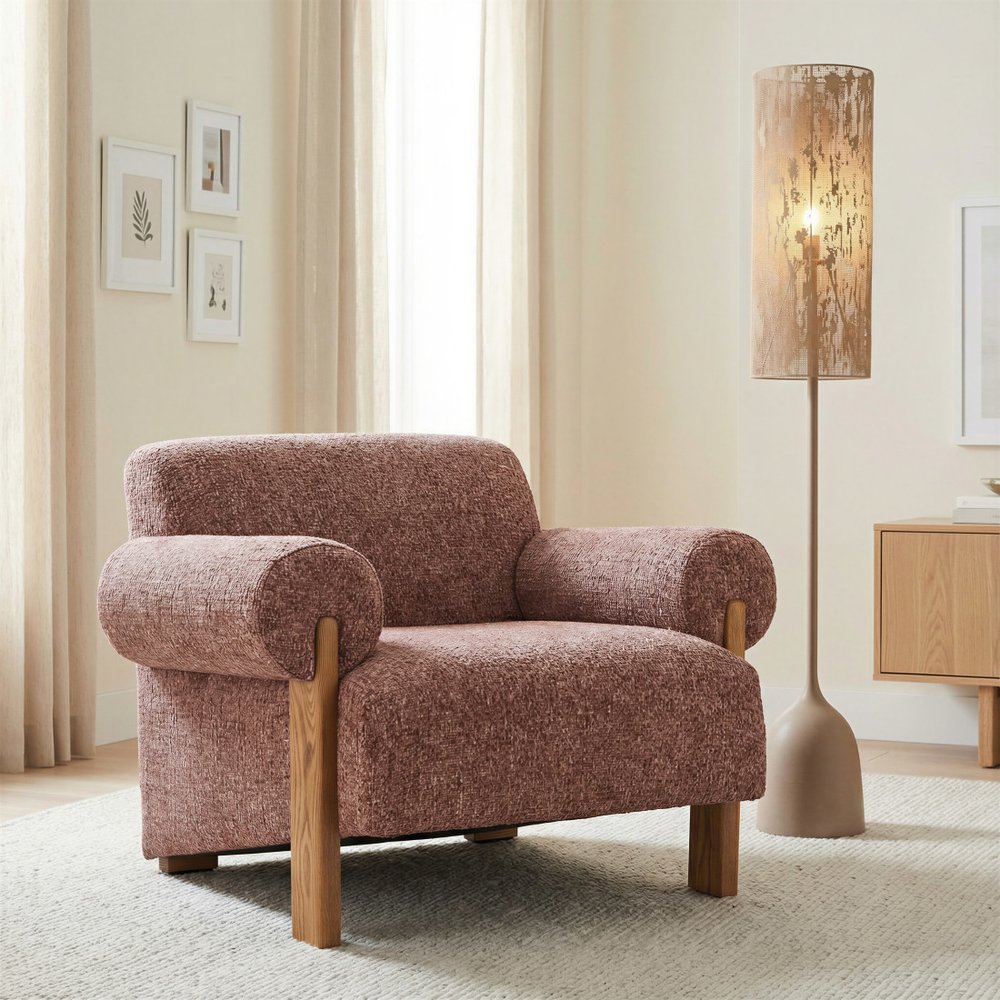 39" Copper And Brown Woven Upholstery And Solid Wood Arm Chair