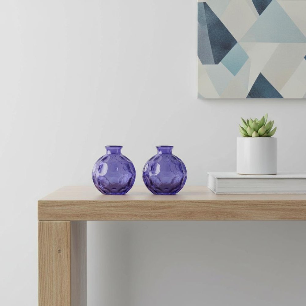 Set of Two Blue Glass Round Table Vases