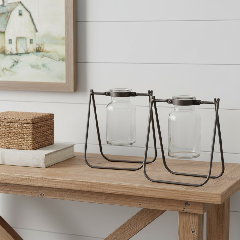Set of Two Brown And Clear Round Metal Table Vase