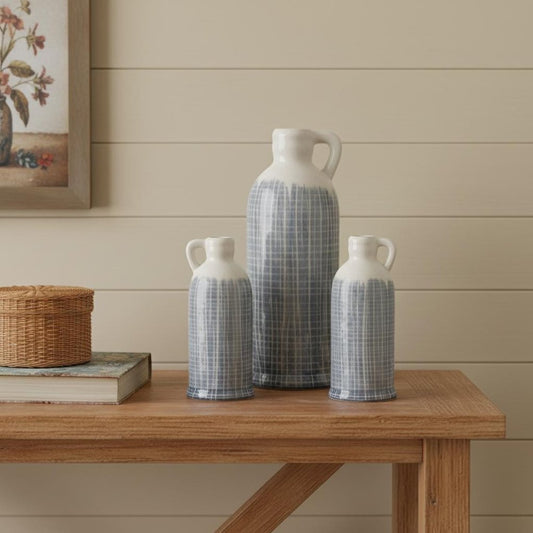 Set of Three Blue And White Checkered Round Clay Table Vase