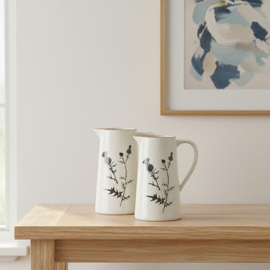 Set of Two White And Black Floral Round Ceramic Jar