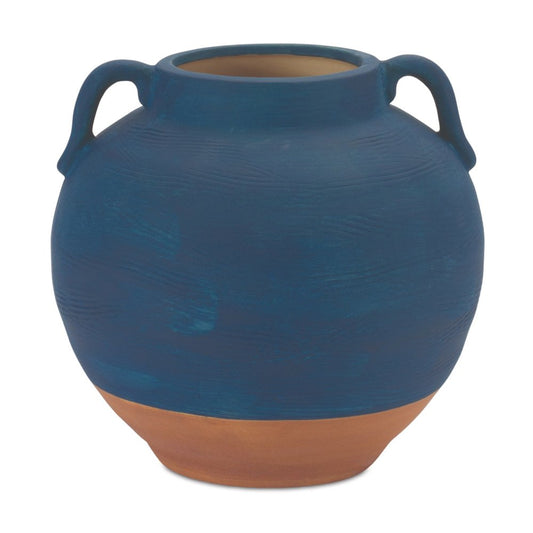 7" Blue And Terra Cotta Ceramic Round Urn