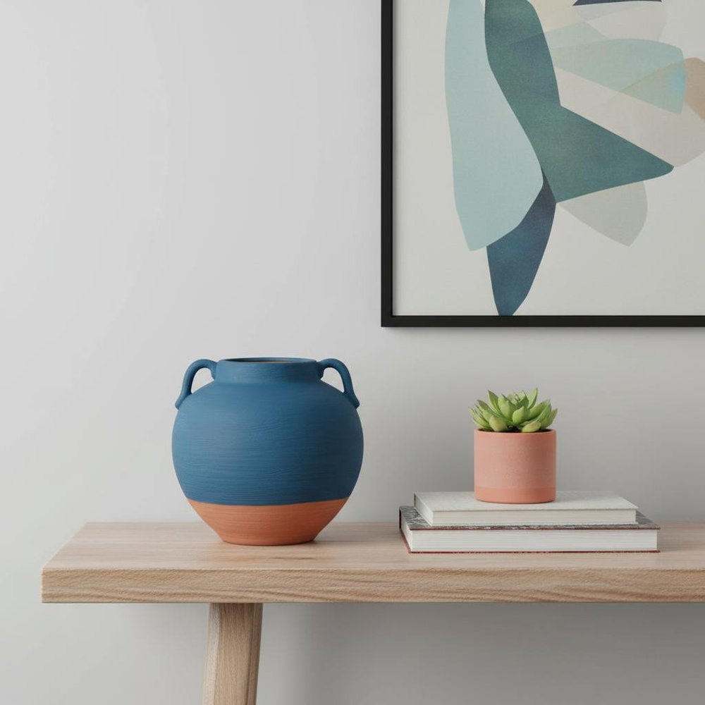 7" Blue And Terra Cotta Ceramic Round Urn