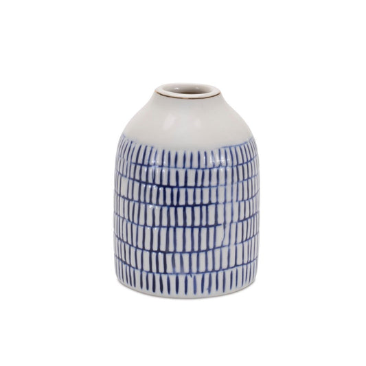 Set of Two Blue And White Checkered Ceramic Round Table Vases