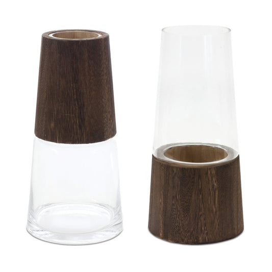Set of Two Brown And Clear Glass Tapered Table Vases With Wood