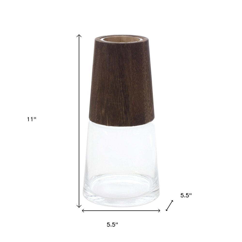 Set of Two Brown And Clear Glass Round Table Vases With Woods