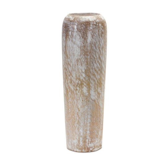 18" Brown And White Solid Wood Cylinder Floor Vase