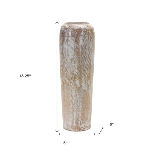 18" Brown And White Solid Wood Cylinder Floor Vase