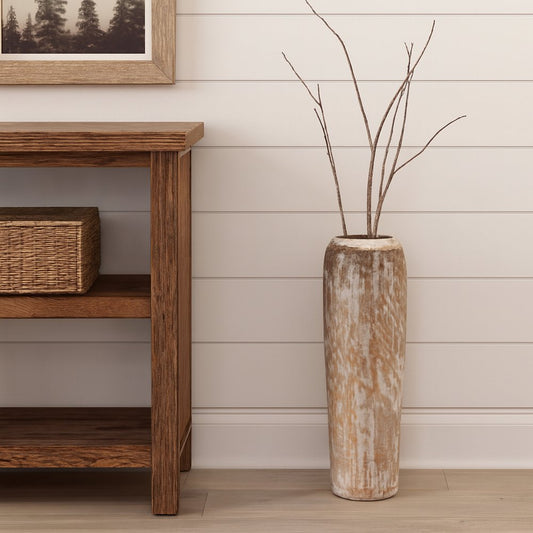 18" White And Brown Round Wood Floor Vase