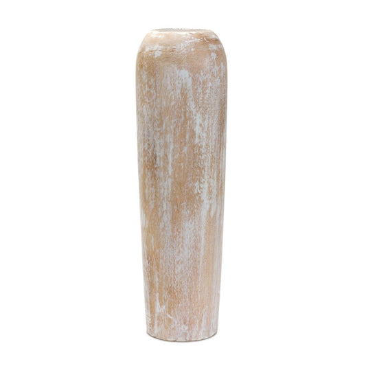 24" Brown And White Round Wood Floor Vase