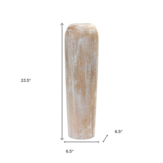 24" Brown And White Round Wood Floor Vase