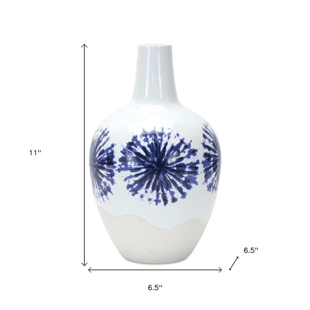 11" White And Blue Round Ceramic Urn