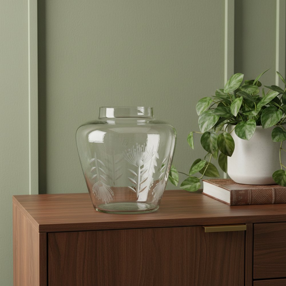7" Clear Etched Leaf Glass Urn Table Vase