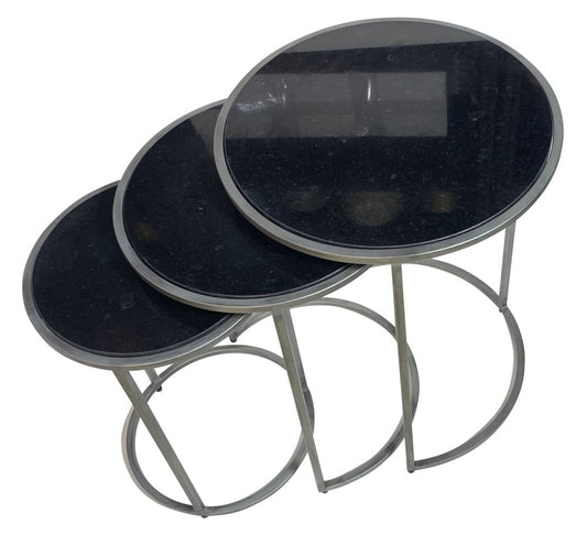 Set of Three Black and Gray Marble and Iron Round Frame Nested Tables