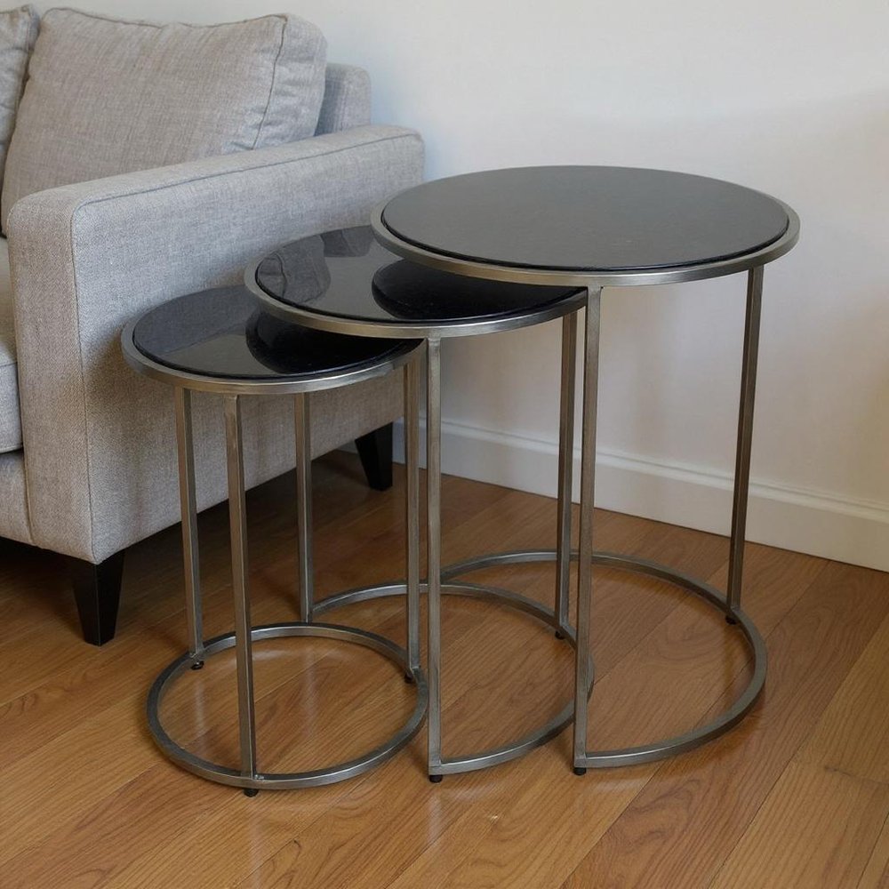 Set of Three Black and Gray Marble and Iron Round Frame Nested Tables