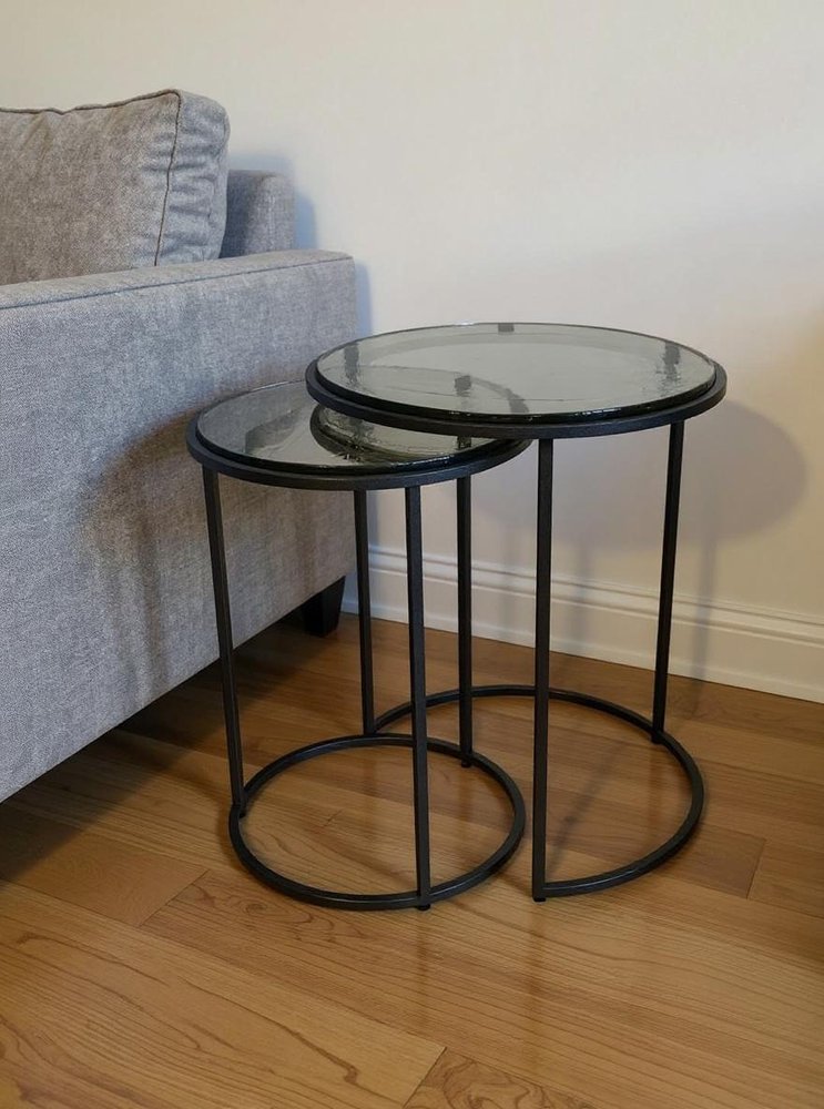 Set of Two Clear and Gunmetal Glass and Iron Round Frame Nested Tables