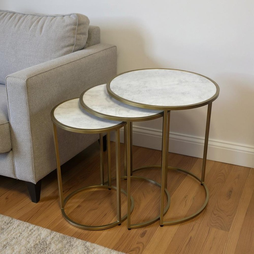 Set of Three White and Antiqued Gold Marble and Iron Round Frame Nested Tables