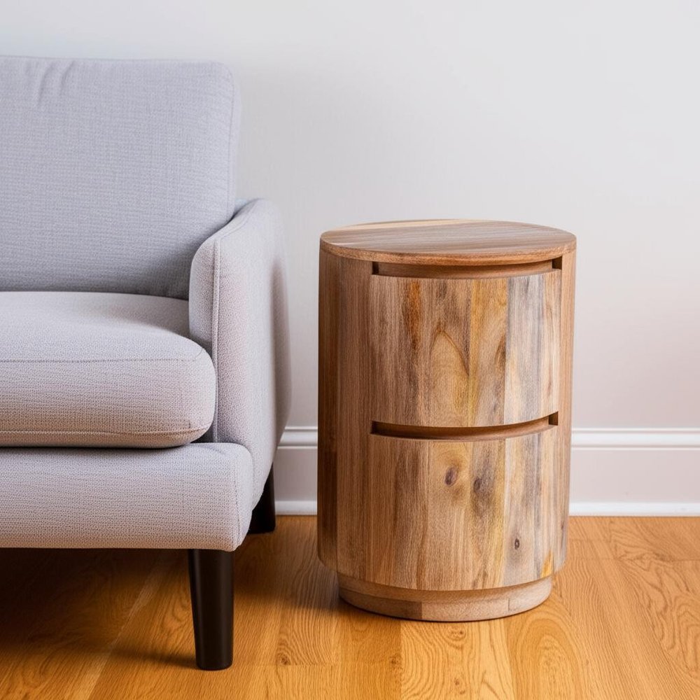 24" Natural Solid Wood Round Drum End Table With Two Drawers