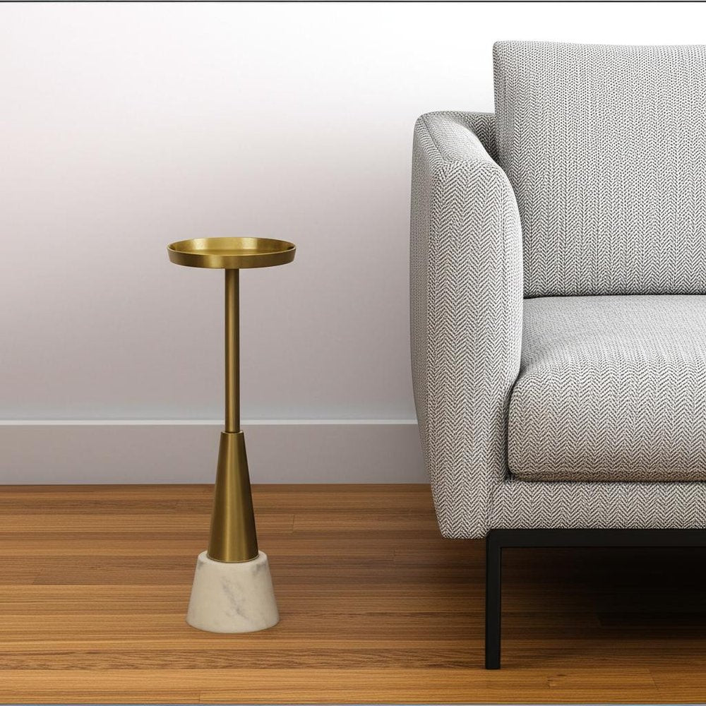 24" Gold and White Metal Round Pedestal End Table