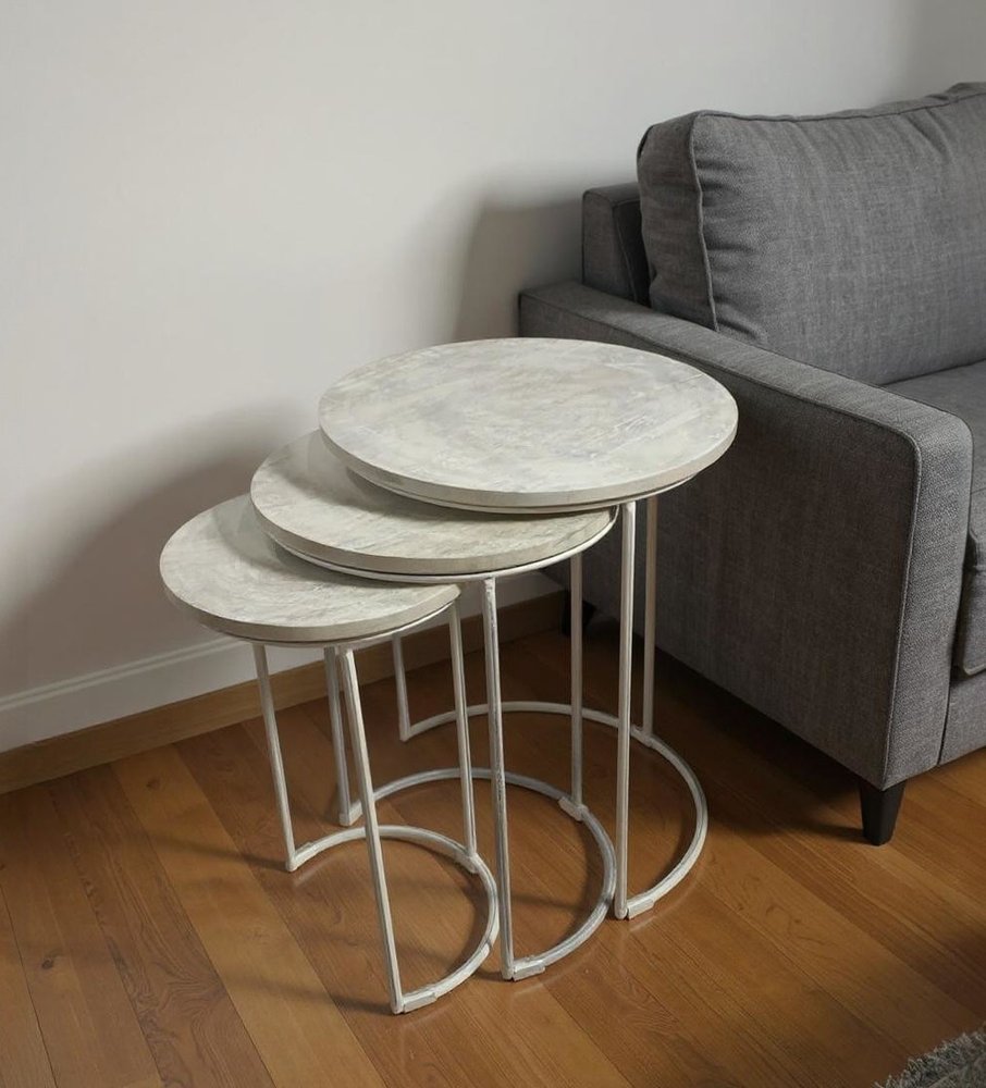 Set of Two White Solid Wood and Metal Round Frame Nested Tables