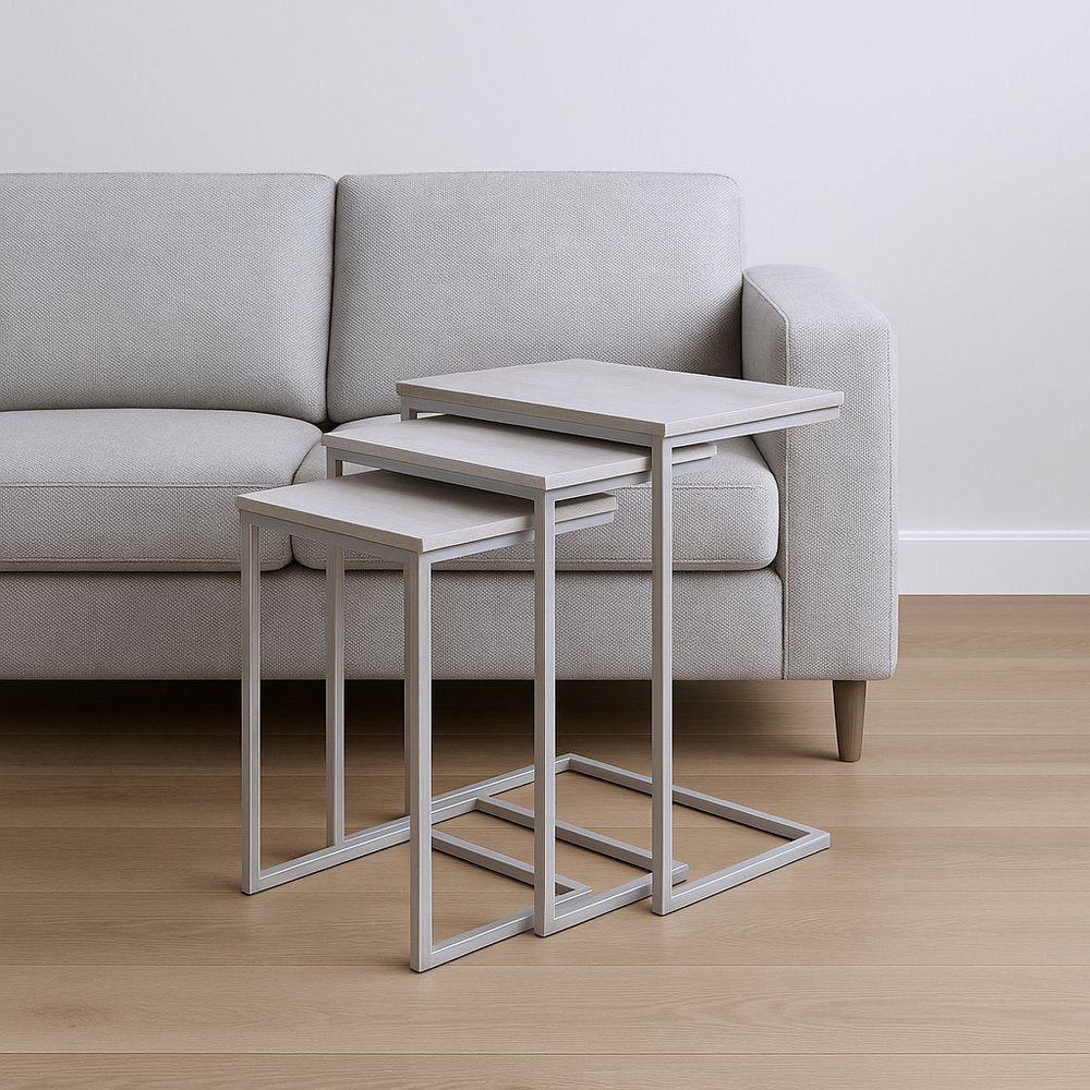 Set of Three Antiqued White Solid Wood and Steel Frame Nested Tables