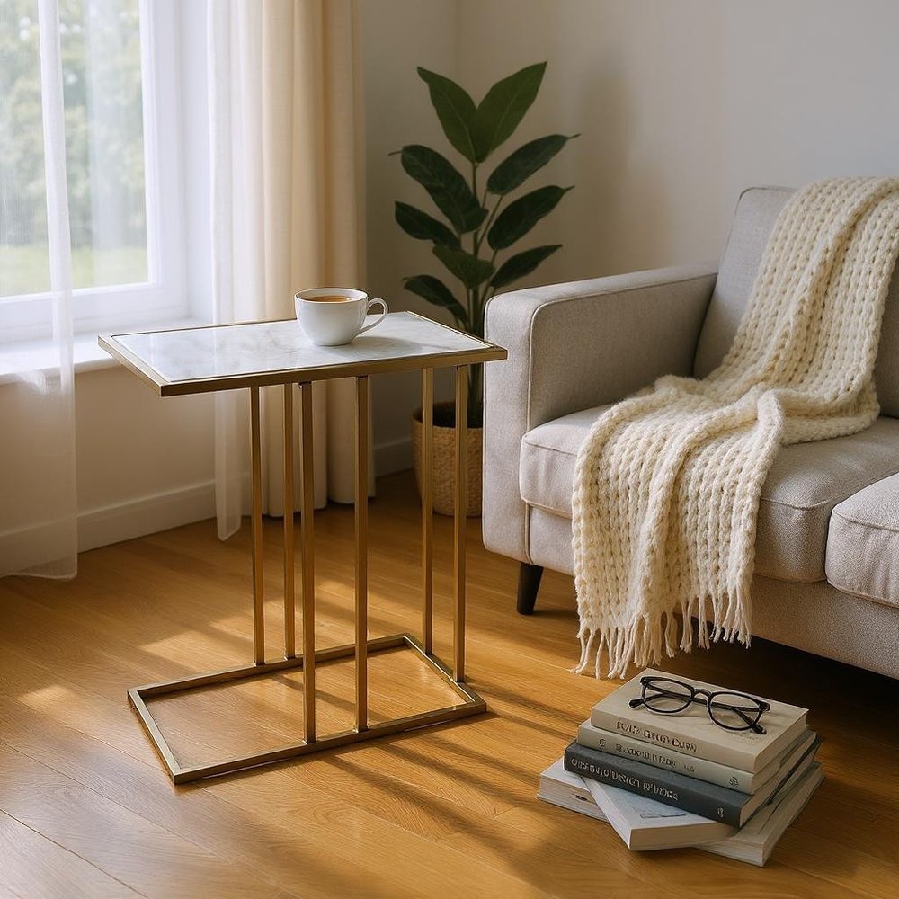 26" White and Antiqued Gold Marble and Iron Frame End Table