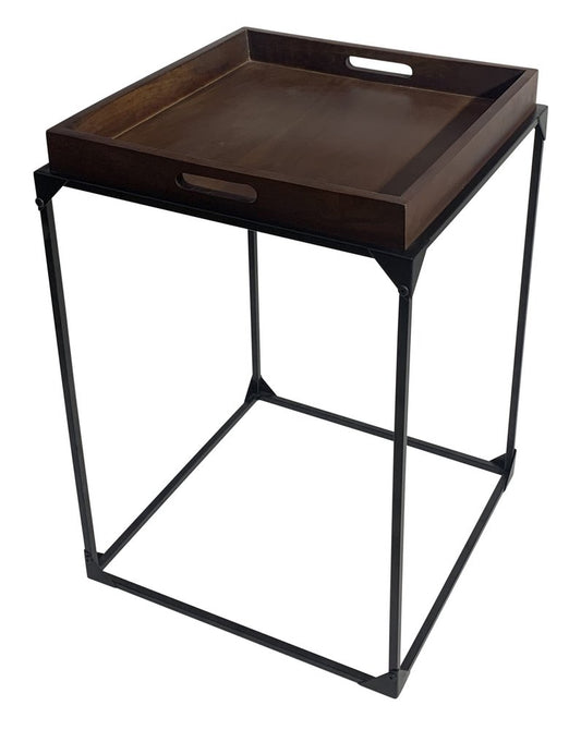 29" Dark Brown and Black Solid Wood and Iron Square Frame End Table