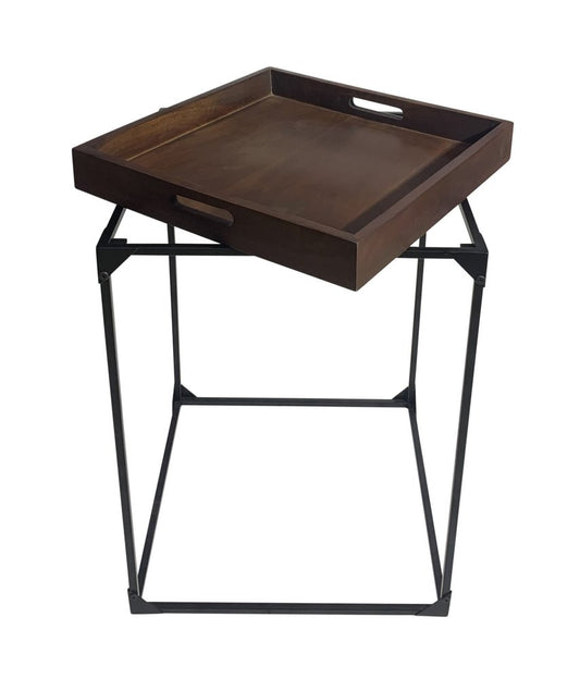 29" Dark Brown and Black Solid Wood and Iron Square Frame End Table