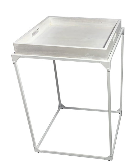 29" White Solid Wood and Iron Square Tray Style End Table