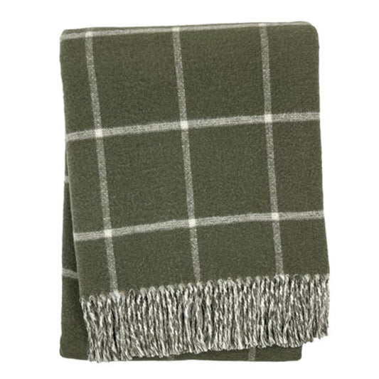 50" X 67" Olive Green And White Cotton Blend Woven Plaid Throw Blanket with Fringe