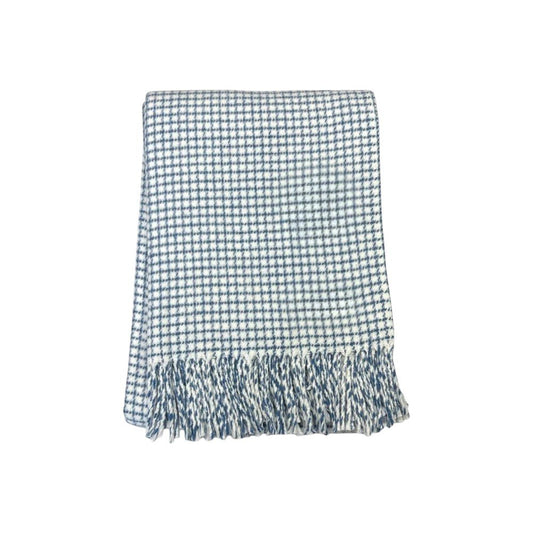 50" X 67" Cream And Denim Blue Cotton Blend Woven Plaid Throw Blanket with Fringe