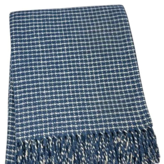 50" X 67" Denim Blue And Cream Cotton Blend Woven Plaid Throw Blanket with Fringe