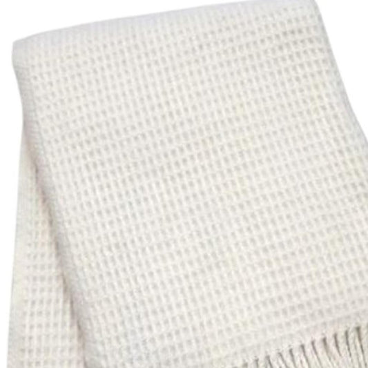 55" X 70" Cream Cotton Blend Waffle Weave Throw Blanket with Fringe