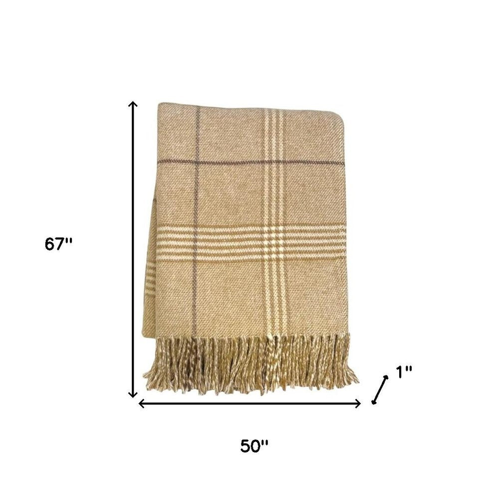 50" X 67" Stone And White Cotton Blend Woven Plaid Throw Blanket with Fringe