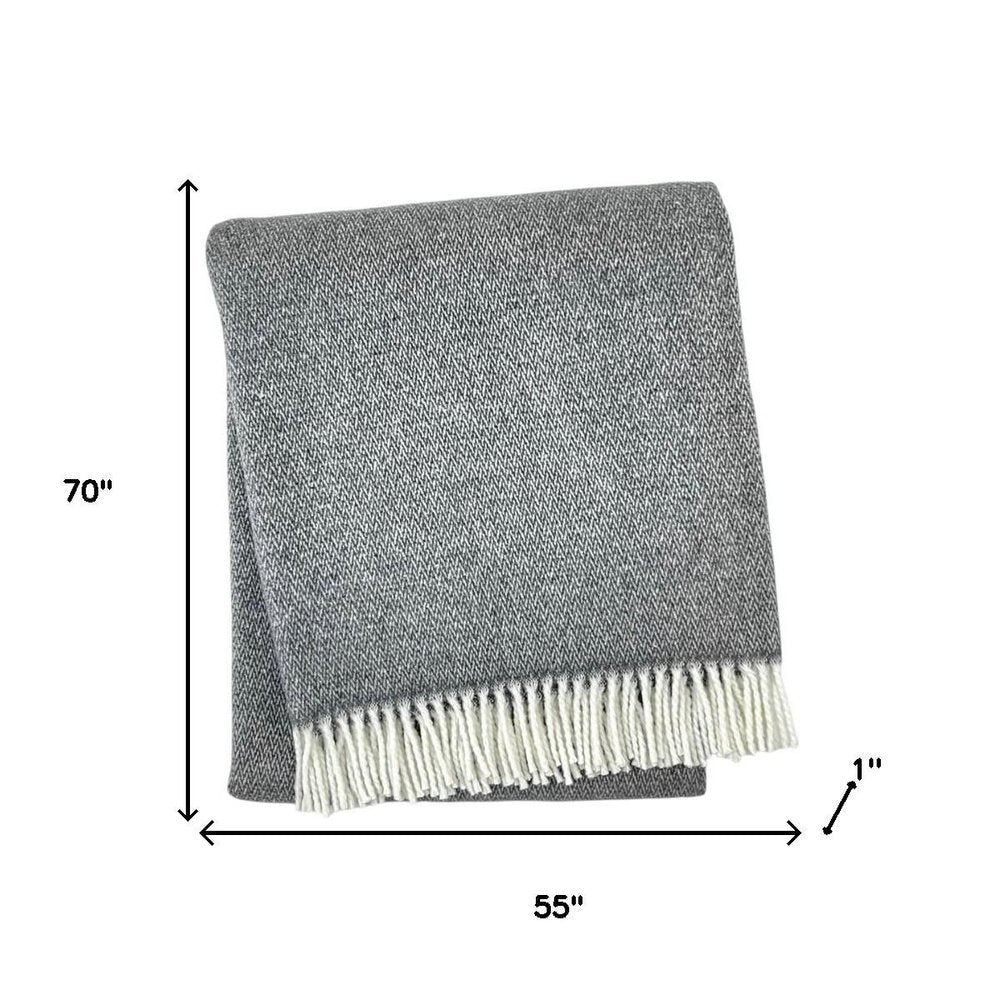 55" X 70" Dark Gray And White Cotton Blend Woven Herringbone Plush Throw Blanket with Fringe