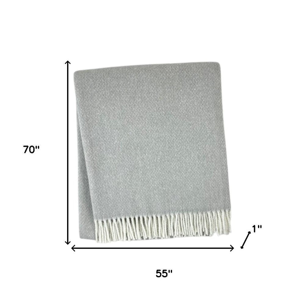 55" X 70" Light Gray And White Herringbone Cotton And Microfiber Woven Throw Blanket with Fringe