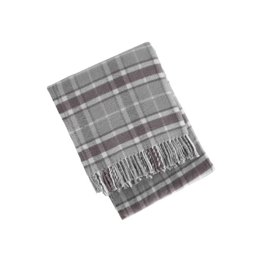55" X 70" Light Gray And Brown Cotton Blend Woven Plaid Plush Throw Blanket with Fringe