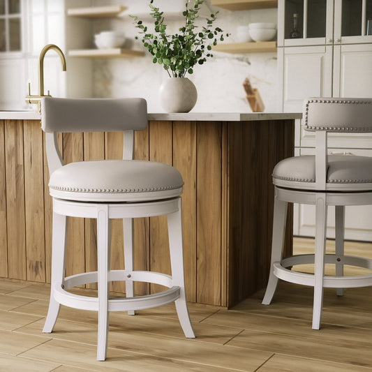 26" Gray And White Faux Leather And Solid Wood Low Back Counter Height Swivel Bar Chair