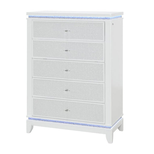 36" White Faux Crystal Glitter Wood Lighted Five Drawer Dresser