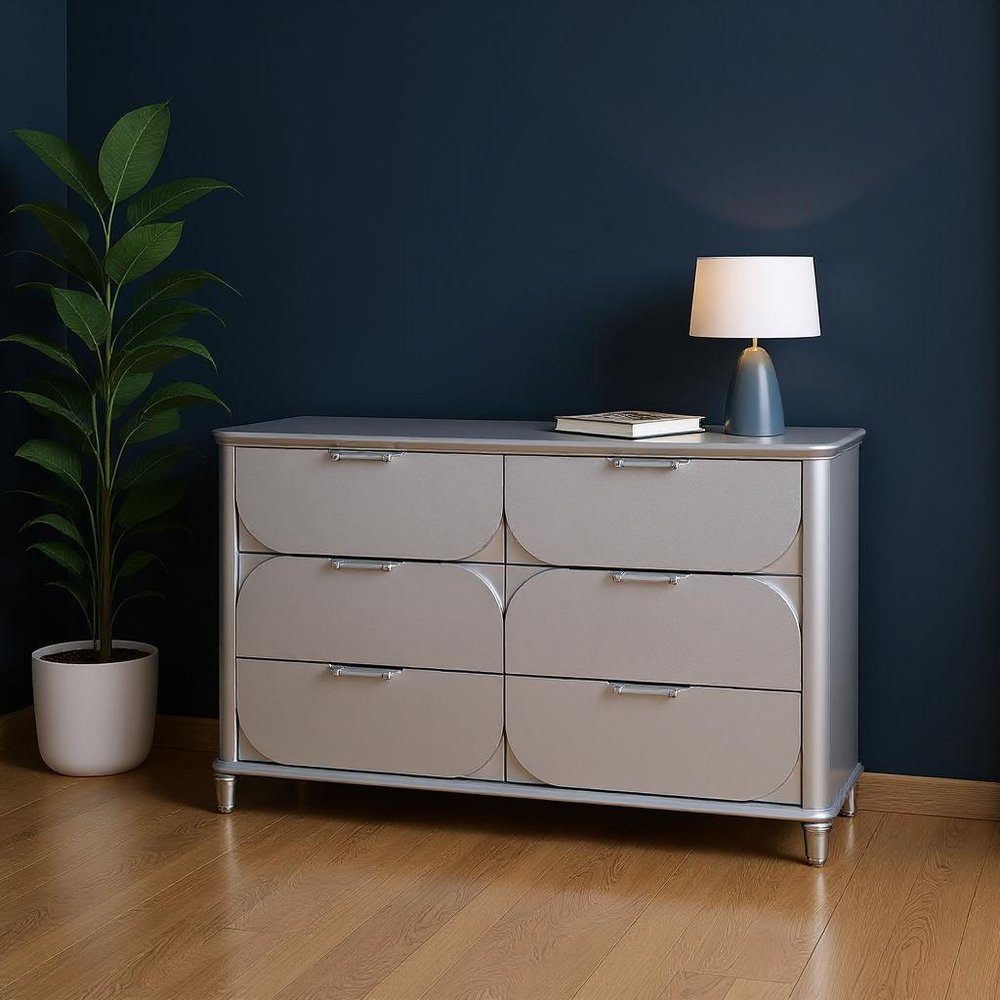 63" Silver Wood Six Drawer Double Dresser