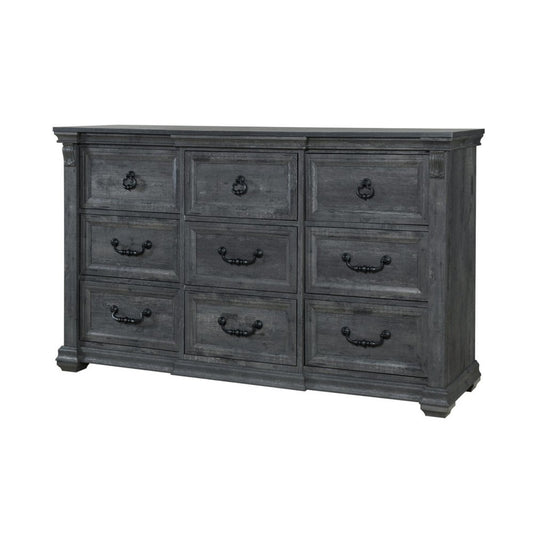 64" Gray Wood Nine Drawer Triple Dresser
