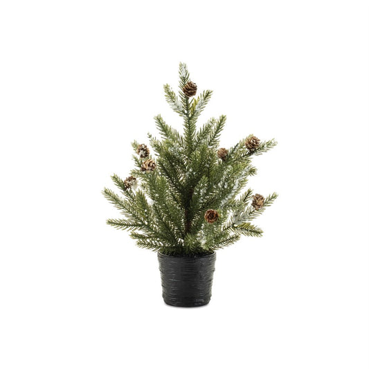 Set of Two 15" Green Mini Artificial Pine Trees With Pinecones In Round Black Metal Pots