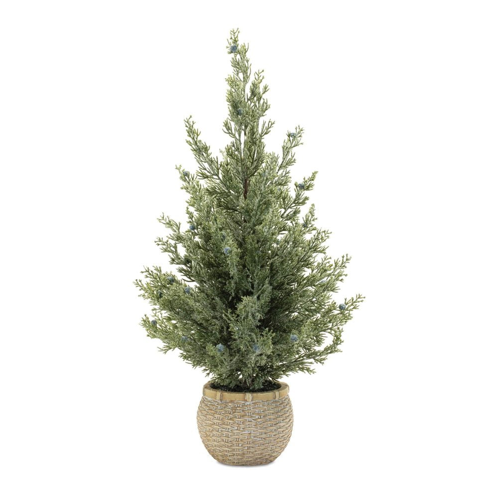 Set of Two 23" Green Artificial Pines In Round Faux Wicker Pots