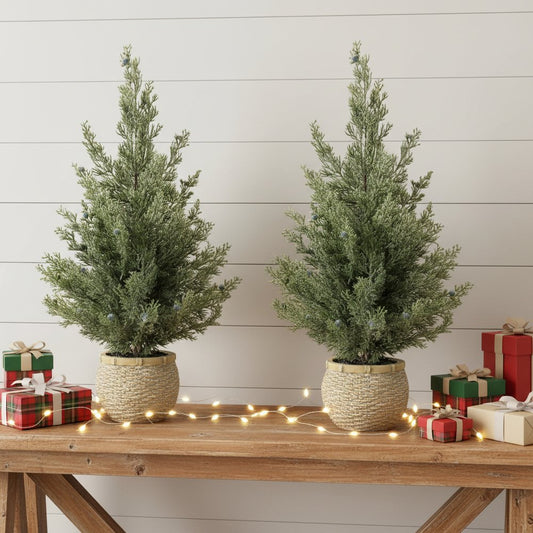 Set of Two 23" Green Artificial Pines In Round Faux Wicker Pots