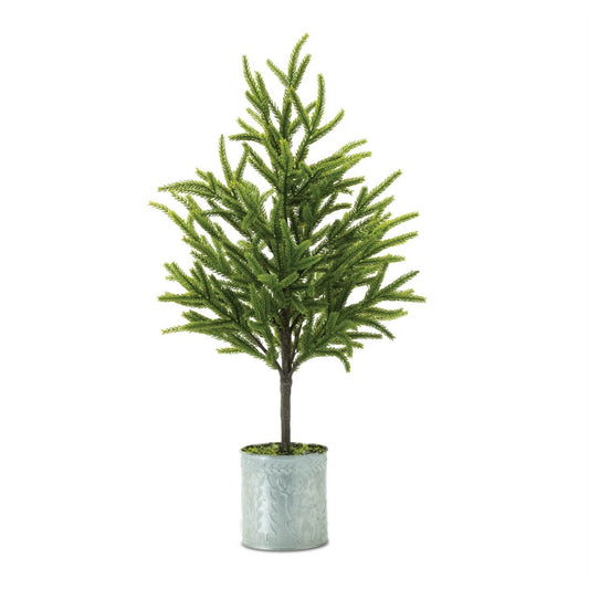 Set of Two 23" Green Mini Artificial Pine Trees In Galvanized Metal Planters