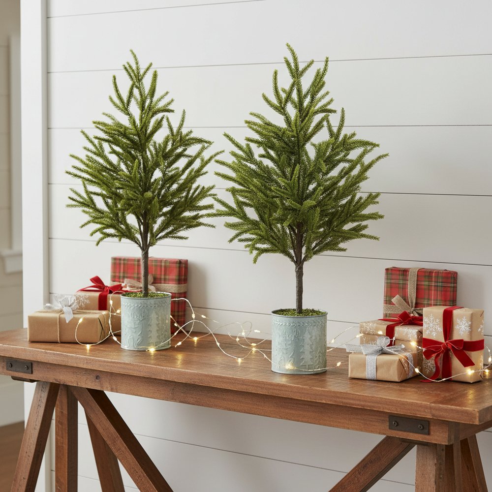 Set of Two 23" Green Mini Artificial Pine Trees In Galvanized Metal Planters