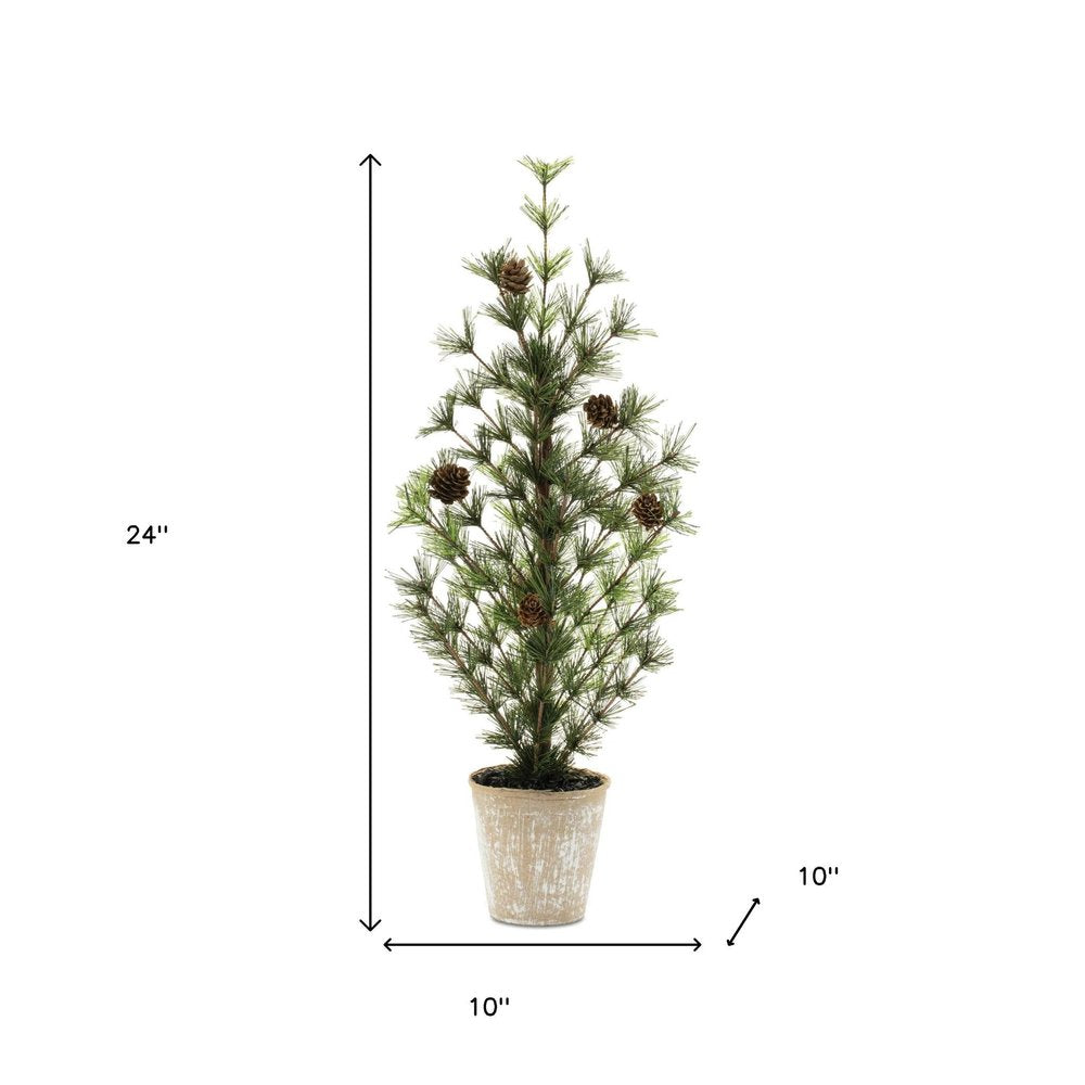 10" Green And Brown Artificial Pine In Round Brown Metal Pot