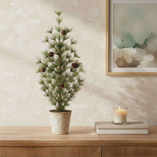 10" Green And Brown Artificial Pine In Round Brown Metal Pot