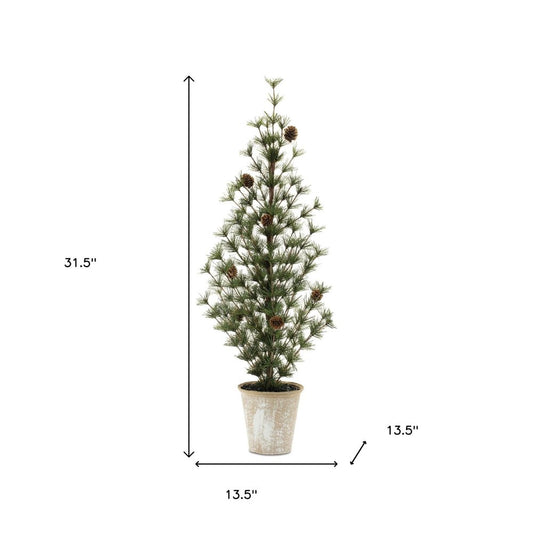Set of Two 32" Mini Artificial Pine Trees With Pinecones In Rustic Brown Pots